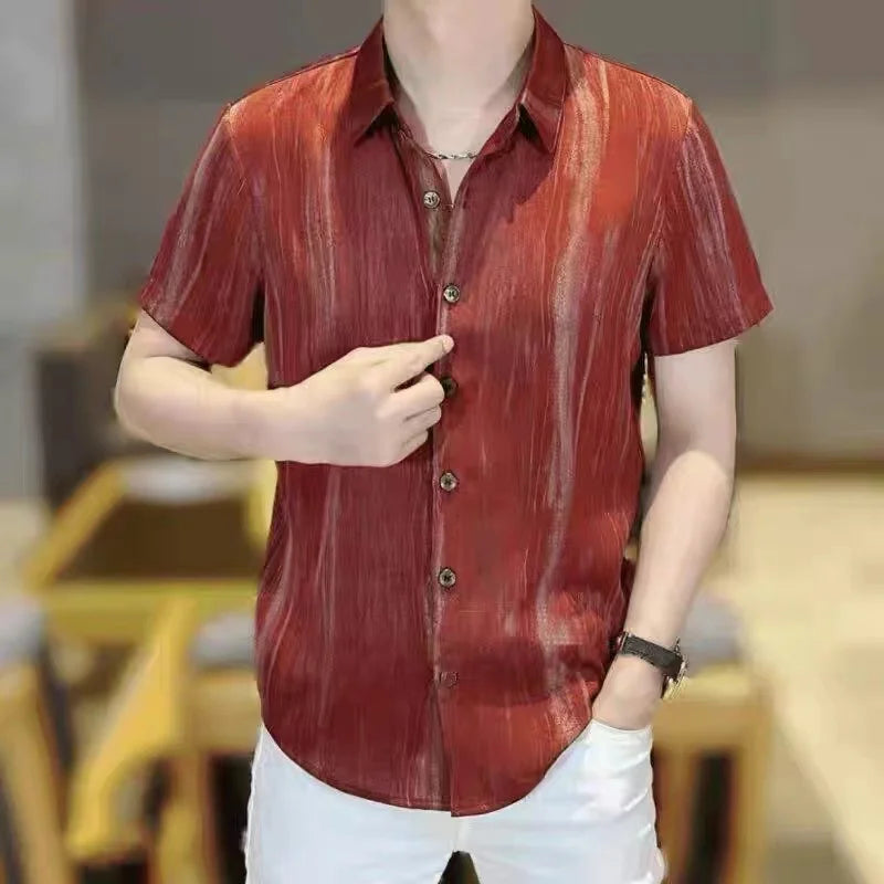 Threebooy  High Quality Ice Silk Shirt for Men Summer Short Sleeve Tie Dye Lapel Casual Shirt Versatile Streetwear Social Men Clothing