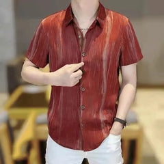 Threebooy  High Quality Ice Silk Shirt for Men Summer Short Sleeve Tie Dye Lapel Casual Shirt Versatile Streetwear Social Men Clothing