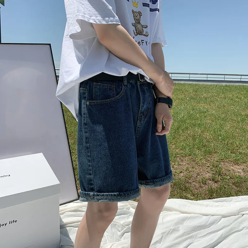 Threebooy  Summer Blue Denim Shorts Men Fashion Casual Straight Denim Shorts Men Streetwear Loose Hip Hop Retro Jeans Shorts M-2XL