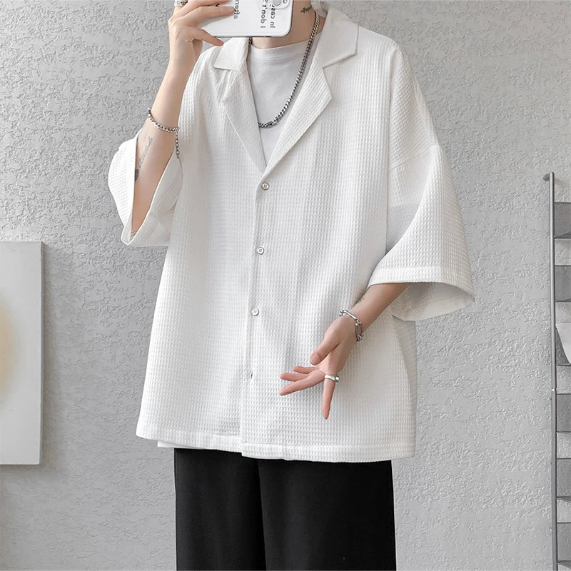 Threebooy Solid Color Suit Collar Men's Texture Shirts Men Oversized Casual Half Sleeve Shirt Tops Summer Streetwear Man Blouse 5XL-M