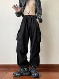 Threebooy Black samurai men's pants oversize pants high street fashion plush knickerbockers American straight charging overalls