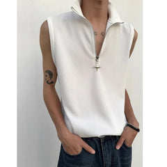 Threebooy  High Street Zipper Patchwork Tank Tops Men's Summer New Sleeveless Solid Simplicity Casual Pullovers Fashion Trend Men Clothing