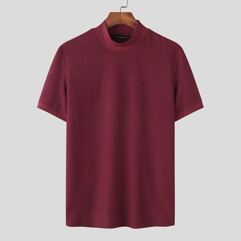 Threebooy  New Summer Fashion Tight T-shirt Casual Streetwear Textured High-neck Solid Color Short-sleeved Bottoming Tees Korean Style Tops