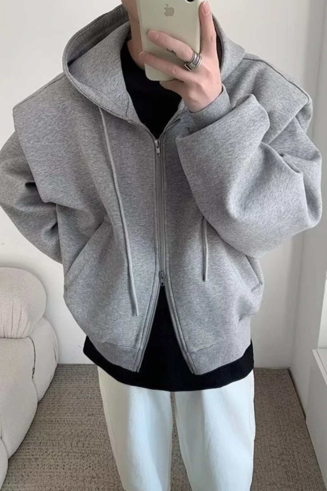 Threebooy Autumn Korean Zipper Hoody Large Silhouette Hooded Composite Shoulder Pad Cardigan Jacket Men Casual Handsome Hooded Sweatshirt
