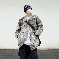 Threebooy Casual Tie Dyed Coat Men's Broken Hole High Street Harajuku Fashion Jacket Loose Korean Street Vintage Coat