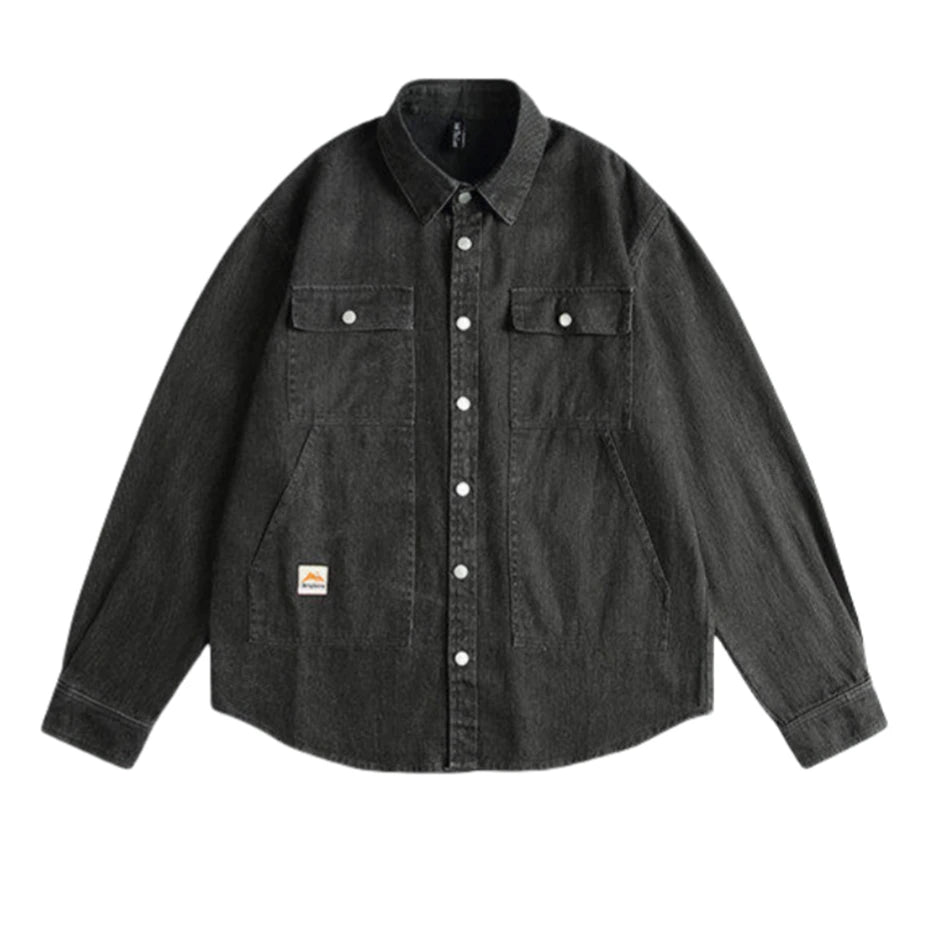 Threebooy Multiple Pockets Cargo Denim Shirts Mens Vintage Washed Long Sleeve Shirt for Men Harajuku Loose Casual Cotton Blouse Jeans Coat