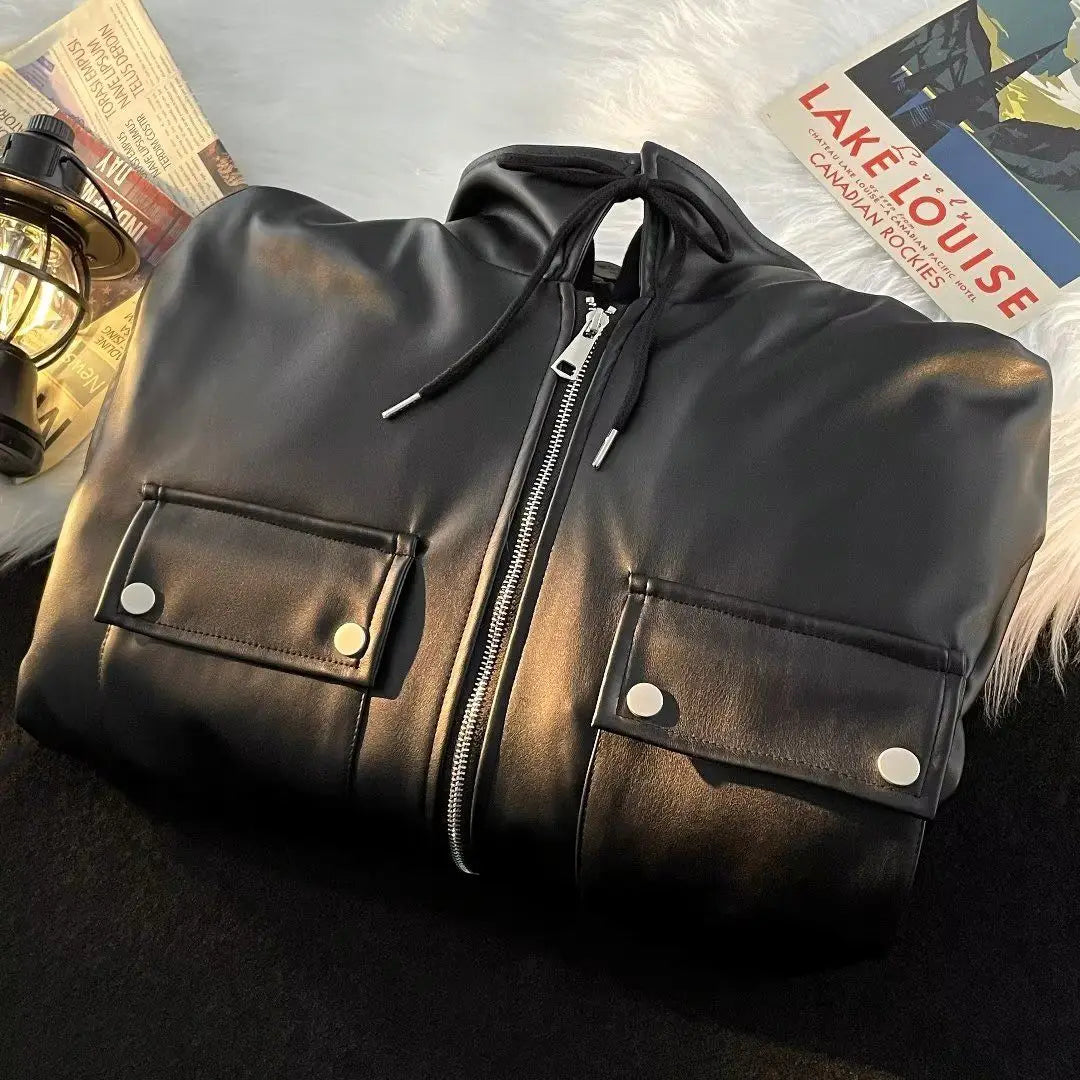 Threebooy Autumn and winter street style American men and women trendy personalized fake couple loose PU leather jacket casual top y2k