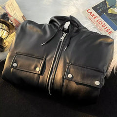 Threebooy Autumn and winter street style American men and women trendy personalized fake couple loose PU leather jacket casual top y2k