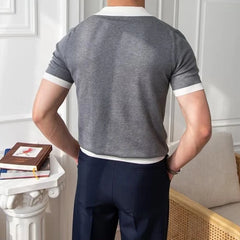 Threebooy  New Trend Men Business Polo Shirt Light Luxury Popular Slim V Neck T-shirt Leisure Patchwork Short Sleeve Tops Retro Knitwear