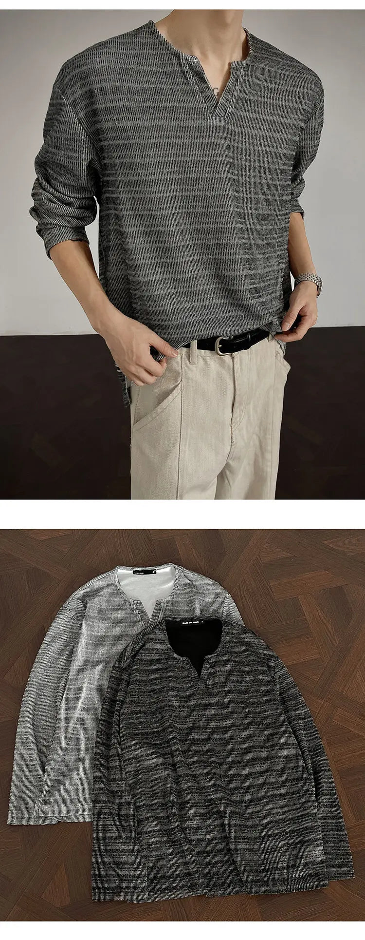 Threebooy 2025 New Fall Mens Long Sleeve Tshirt Soft Comfortable Casual Knitted Shirt V Neck Top Fashion Mens Clothing Teen Boys Clothing