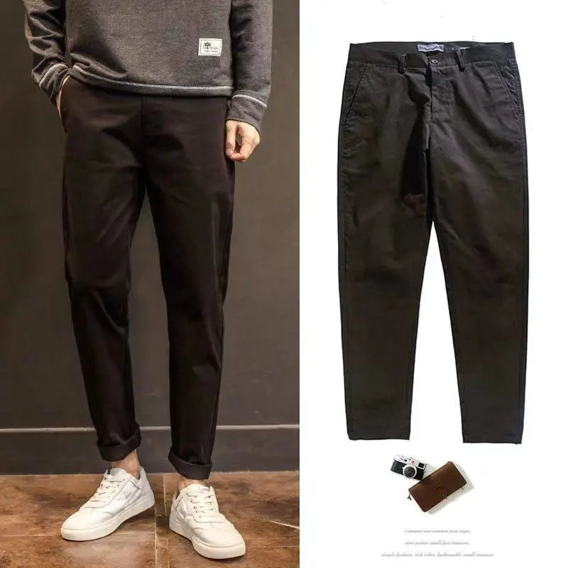 Threebooy Korean Cotton Casual Pants Men Spring Summer Cropped Pants Straight Leg Pants Business Men's Elegant Simple Trousers