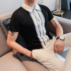 Threebooy Spring Men Short Sleeve Polo Contrast Stripes Lapel Top Korean Slim Knit Men Polo High Quality Tee Shirt Camisa Hombre 4XL