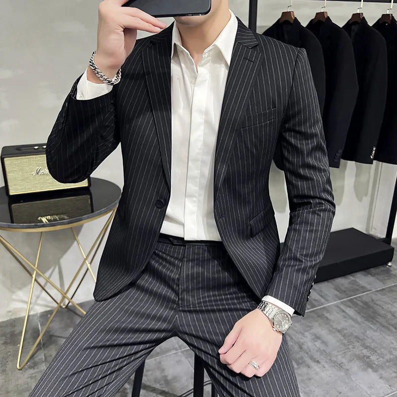 Threebooy (Jacket Pants) Stripe Suits for Men2-Piece Business Khaki Wedding Best Dress Man Tuxedo Slim Fit Formal Blazer Set Custom M-5XL