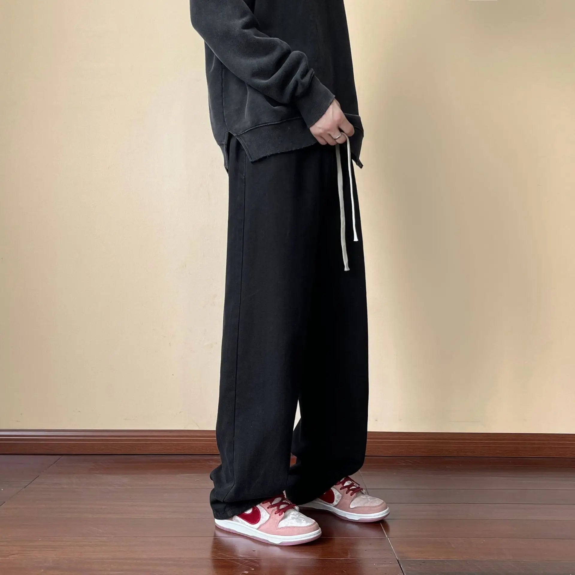 Threebooy Men's Wide Leg Jeans Straight Elastic Waist Baggy Casual Korean Fashion Retro Oversize Male Drawstring Design Pants