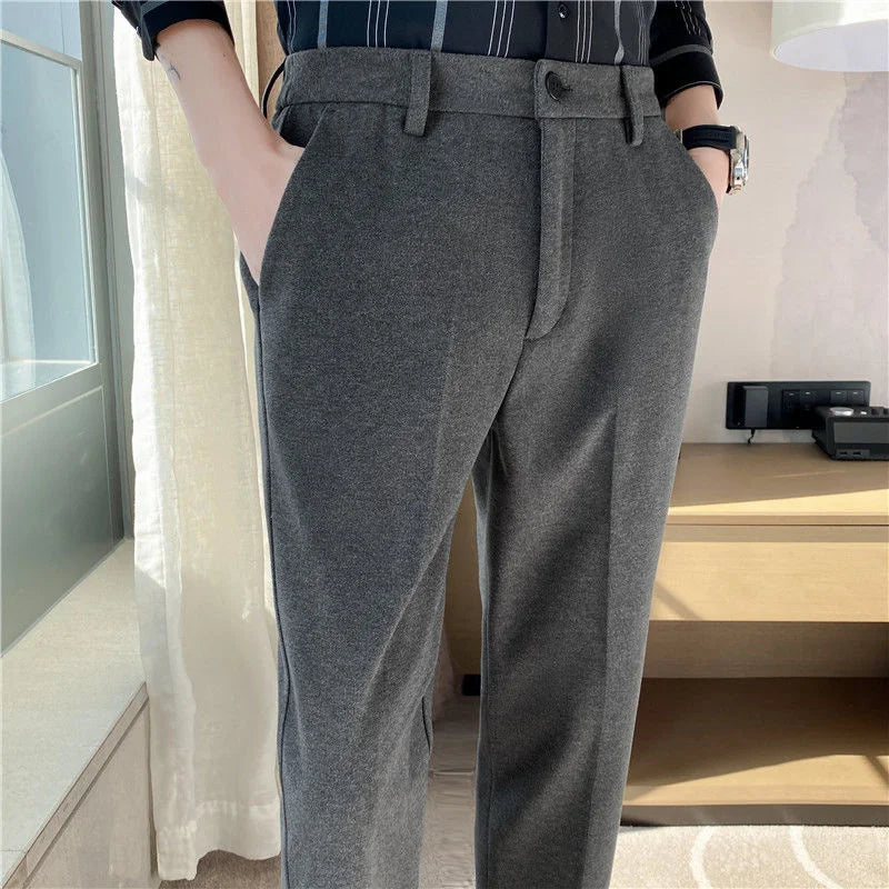 Threebooy Mens Suit Pants Autumn And Winter Thick Brushed Woolen Loose Slim Solid Color Trend Casual Business Small Foot Trousers Oversize