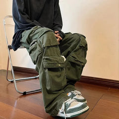 Threebooy Y2k  Hip-hop Cargo Pants Multi-pockets Tooling Pant Harajuku Men's Vintage Loose Wide Leg Pants Streetwear Casual Trousers