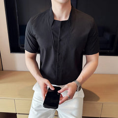 Threebooy  Advanced Sexy V-neck Men's Long Sleeved Shirt Designer Stand Up Collar Shirt Business Social Slim Fit Black and White Top
