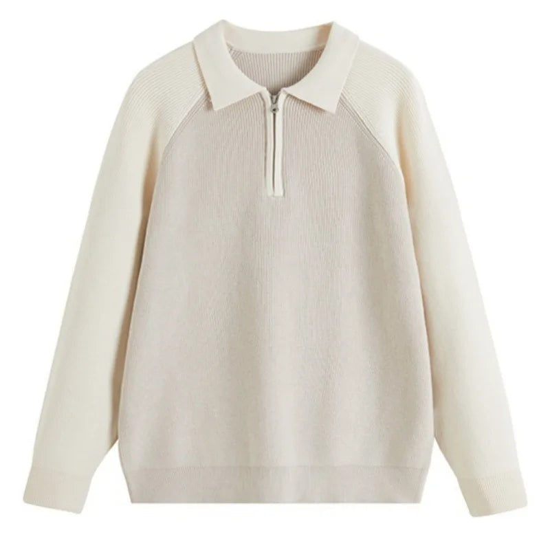 Threebooy  New American Chic Men Polo Sweater Luxury Trendy Business Zip-up Knit Solid Color Pullover Leisure Slim-fit Long Sleeve Knitwear