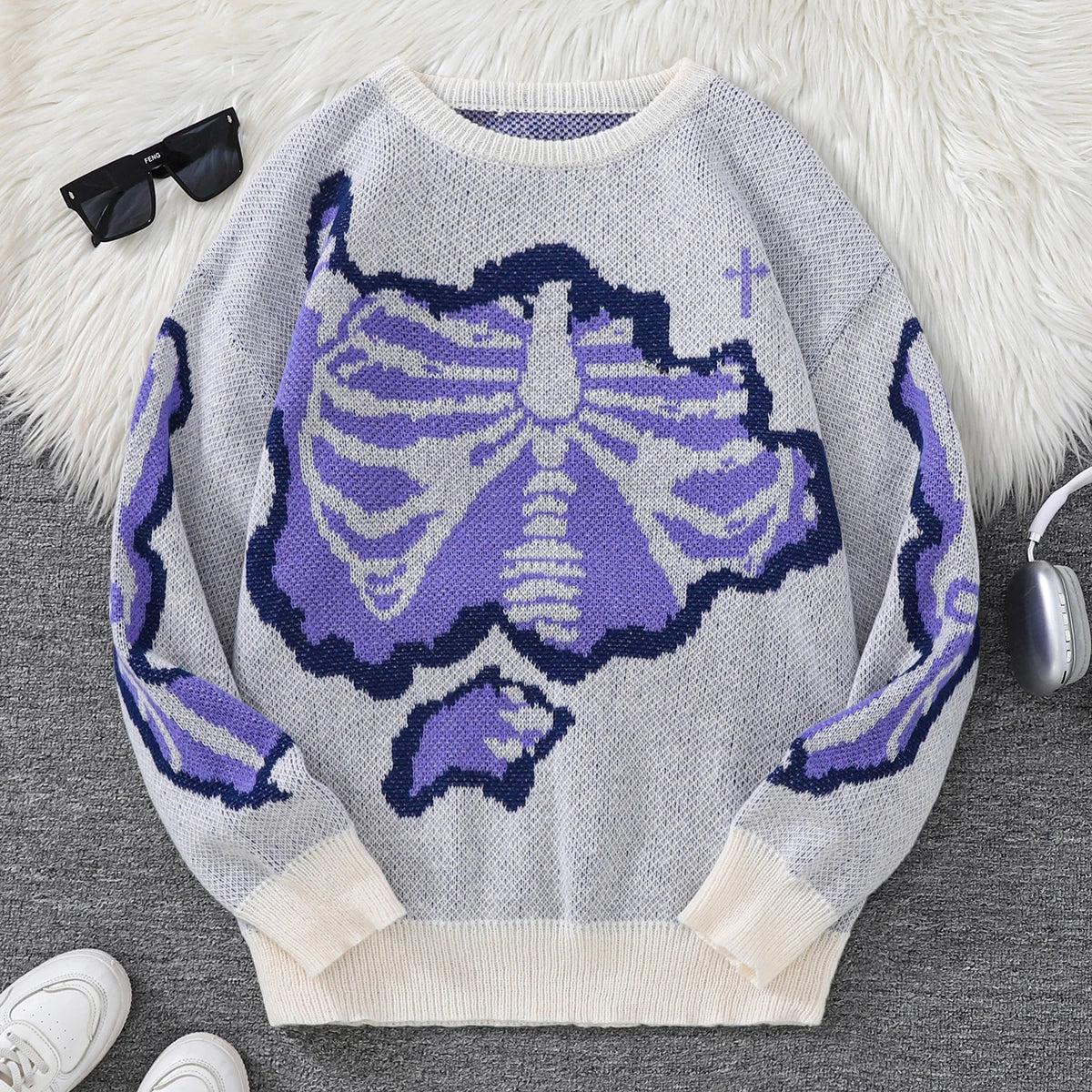 Threebooy  New Popular Spring and Autumn Bone-Shaped Butterfly Jacquard Pattern Pullover Sweater Casual Round Neck Contrast Color Knitted m