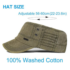 Threebooy Washed Cotton Military Caps Men Cadet Army Cap Unique Design Vintage Flat Top Hat