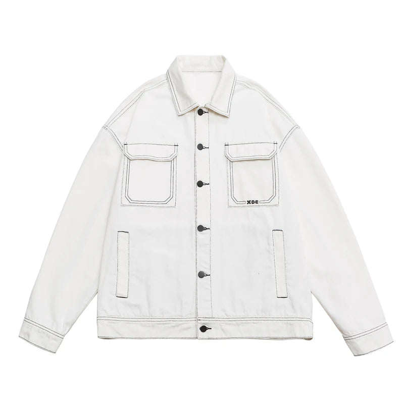 Threebooy  Men's Fashion Baggy Denim Jacket Streetwear Large Pocket Contrast Design Oversized Black White Washed Denim Coats Autumn 4XL 5XL