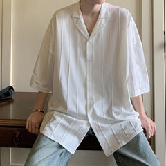 Threebooy Spring Summer Casual Simple Men's Solid Pleated Blouse Lapel Short Sleeve Streetwear Male Loose Leisure Shirts Men Clothing