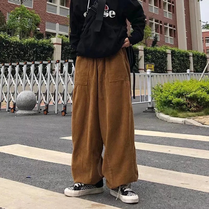 Threebooy  Brown Black Corduroy Pants Men Fashion Retro Oversized Casual Pants Men Streetwear Loose Hip-hop Wide-leg Pants Mens Trousers