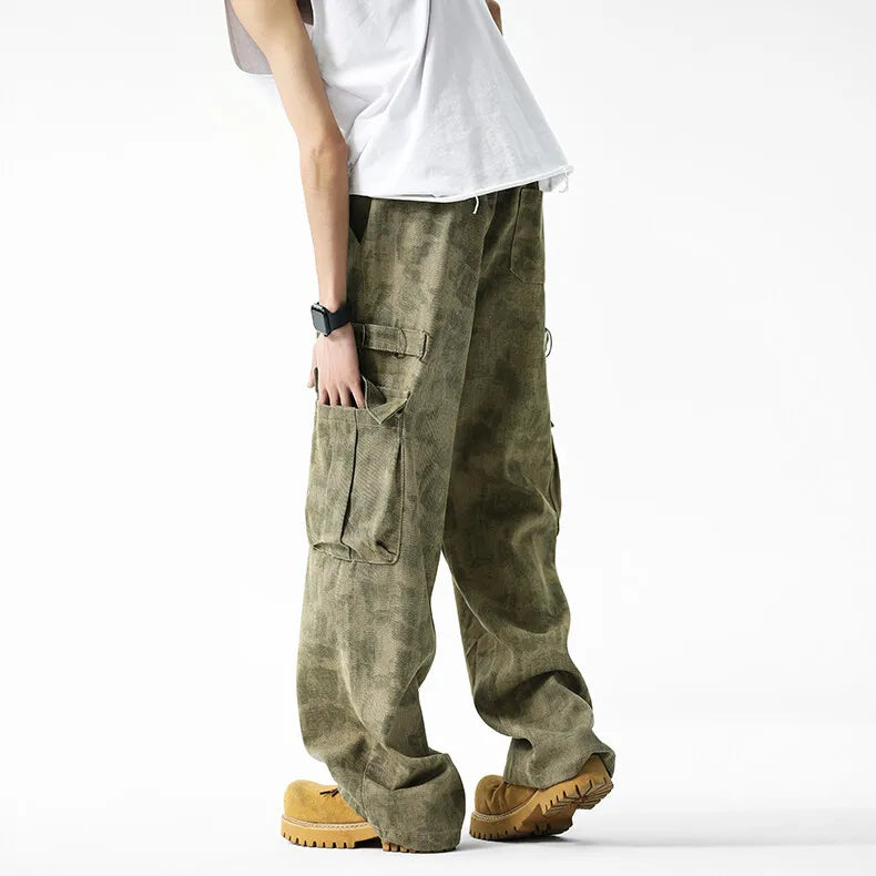 Threebooy Men Military Camo Workwear Cargo Pants Elastic Waistband Drawstring Tactical Joggers Loose Straight Leg Big Side Pockets Outdoor