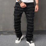 Threebooy Men High Street Stylish Ripped Patch Jeans Pants Male Loose Straight  Solid Casual Denim Trousers