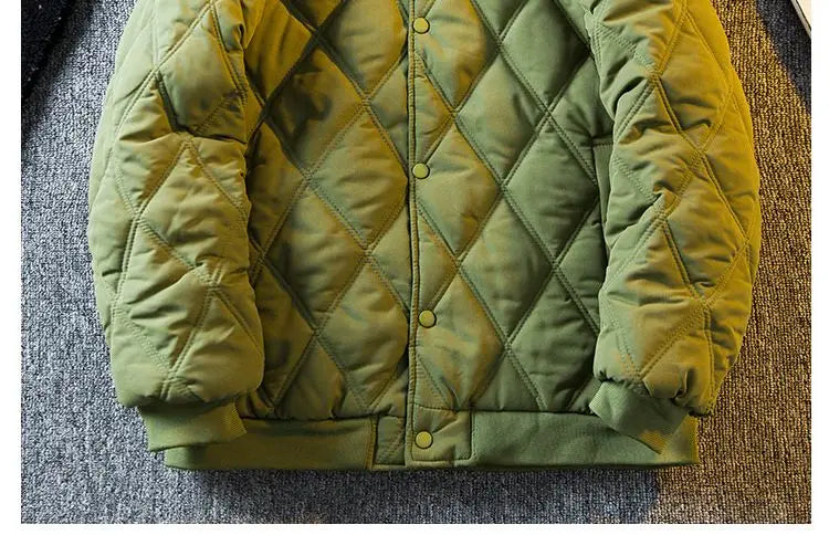 Threebooy Men's Parkas Rhombus Padded Cotton Winter Thickened Retro Casual Baseball Uniforms Warm Coat Stand Collar Single-breasted Coats