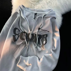 Threebooy Spring Autumn Women's Sweet Cool Bow Hooded Sweatshirt Zipper Couple Loose Fashion Cardigan Coat