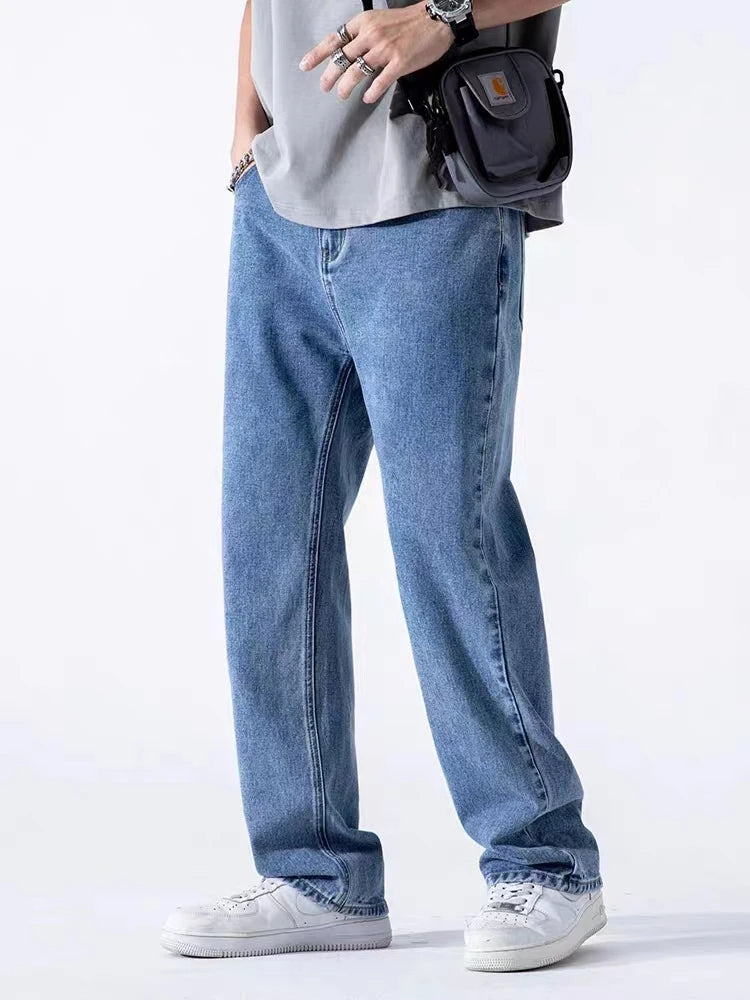 Threebooy  Spring Autumn Men's Jeans Straight Denim Pants Banding Waist Cotton Streetwear Wide Leg Loose Casual Blue Long Jeans Trousers