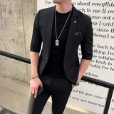 Threebooy (Jackt+Pant) 2 Pcs Set Men Suits Half Sleeve Spring Summer Slim British Short Sleeve Blazer Coat Trend Male Designer Tuxedo