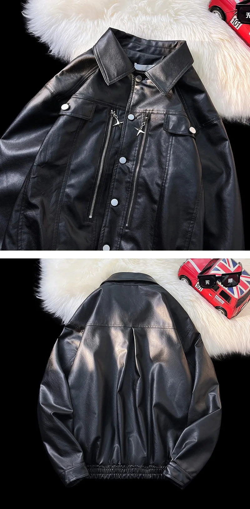 Threebooy Retro Motorcycle Leather Jacket Men's Spring Autumn Pu Jacket Loose Windproof Jackets Zipper Single-breasted Turndown Collar Top