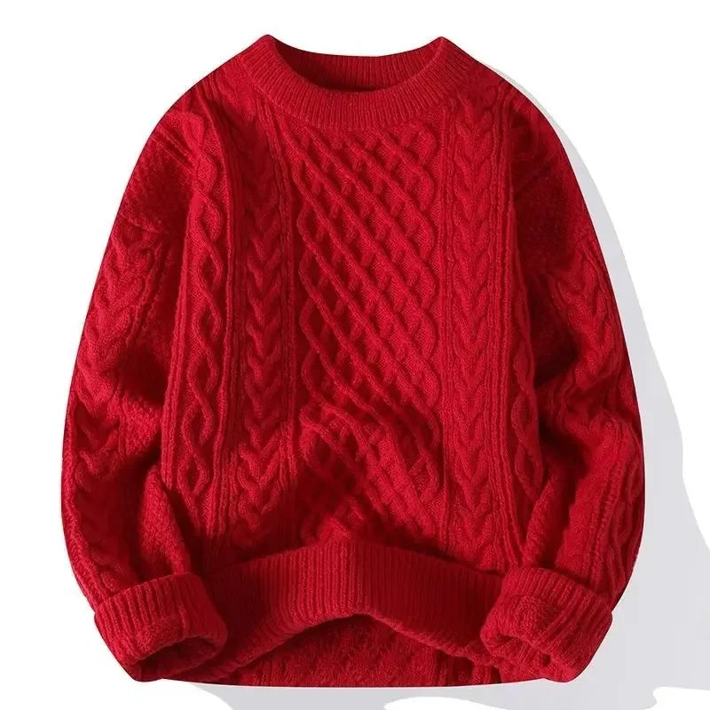 Threebooy  Trendy Knitted Sweater For Men Casual Round Neck Warm Inner Loose-fit Pullover Cozy Soft Supple Fall Winter Fashion