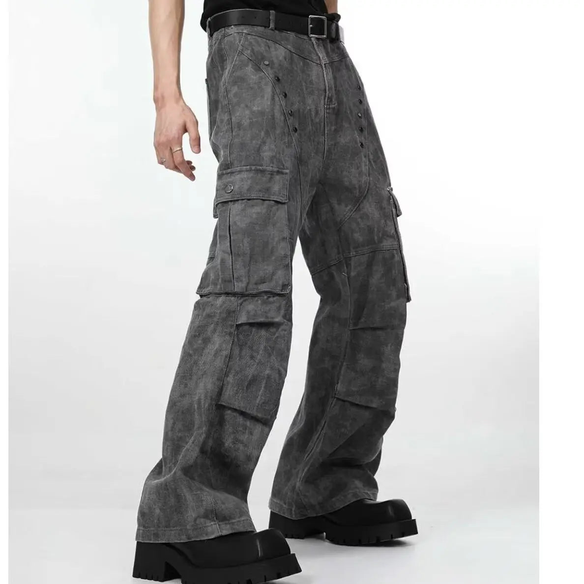Threebooy American high street hip-hop men and women trendy personality straight leg multi pocket jeans couple loose retro casual pants