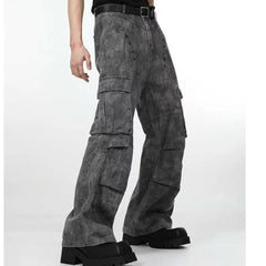 Threebooy American high street hip-hop men and women trendy personality straight leg multi pocket jeans couple loose retro casual pants