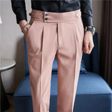 Threebooy British Style Men High Waist Casual Dress Pant Men Belt Design Pink Trousers Formal Office Social Wedding Party Dress Suit Pants