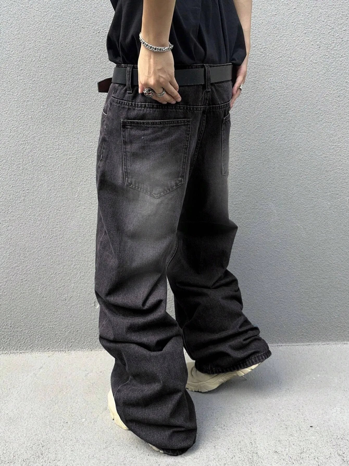 Threebooy  1Pc Men's Daily Travel Casual American Street Loose Jeans, Black, Light Blue, Sea Blue Fashion Street Style Retro Lantern Jeans Jeans Denim Pants
