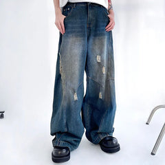 Threebooy Korean Retro Men'S Ripped Jeans Loose Straight Leg Pants Fashionable Design Jeans Casual Wide Leg Pants