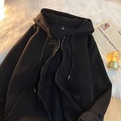 Threebooy  Men's Solid Color Oversized Zip-Up Hoodie Casual Loose Long-Sleeve Sweatshirt with Pocket Daily Wear