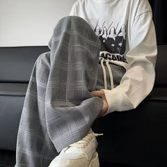 Threebooy  Spring Plaid Distressed Baggy Pants For Men Casual Sports Loose Straight-Leg Sweatpants High Street Fashion Y2K Trousers
