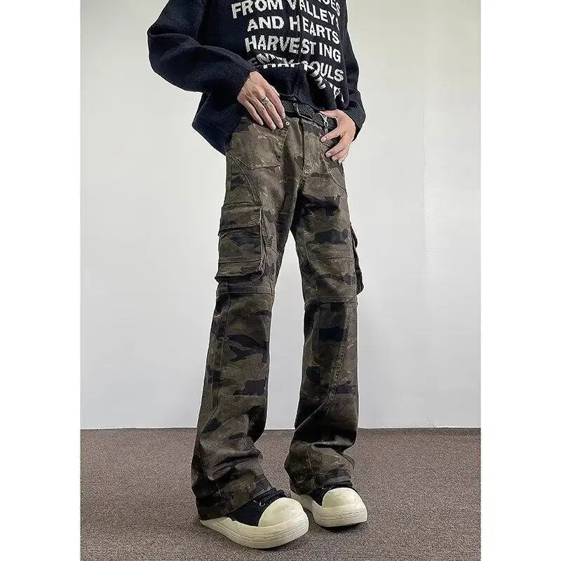 Threebooy Jeans Men camouflage Cargo Pants Patchwork Multi Pockets Denim Hombre Fashion Casual Streetwear Trousers bell-bottoms