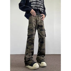 Threebooy Jeans Men camouflage Cargo Pants Patchwork Multi Pockets Denim Hombre Fashion Casual Streetwear Trousers bell-bottoms