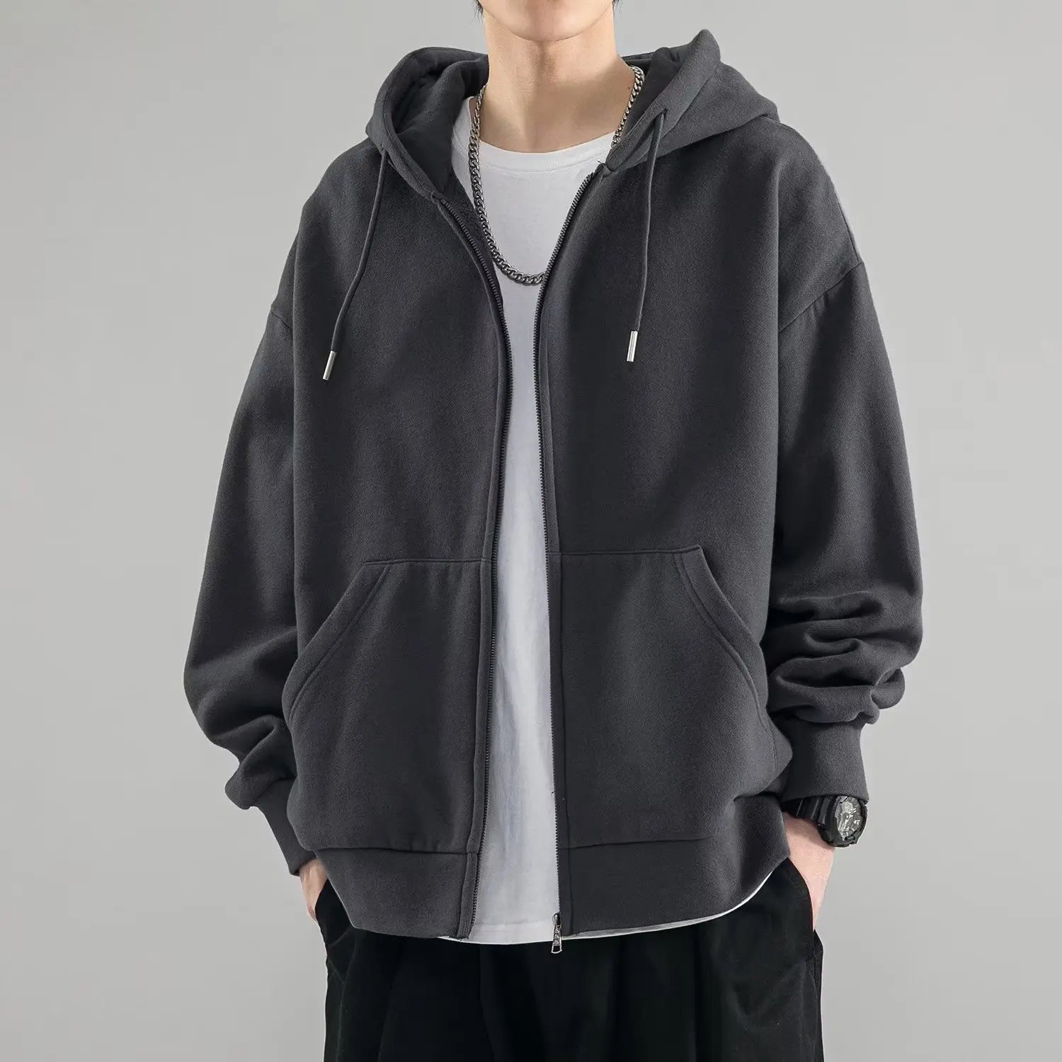 Threebooy Solid Zipper Cardigan Sweatshirt for Men in Spring Autumn Loose Versatile Hooded Student Hong Kong Style Men's Clothing Jacket