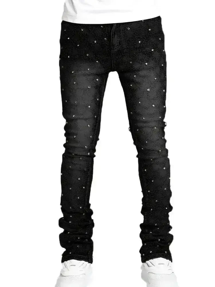 Threebooy  Men's Jeans with Nail Rhinestone Decoration, Shiny Stretch Straight-Leg Jeans, Street Style Hip-Hop Skateboarding Rap Party Dance Pants, Suitable for All Seasons