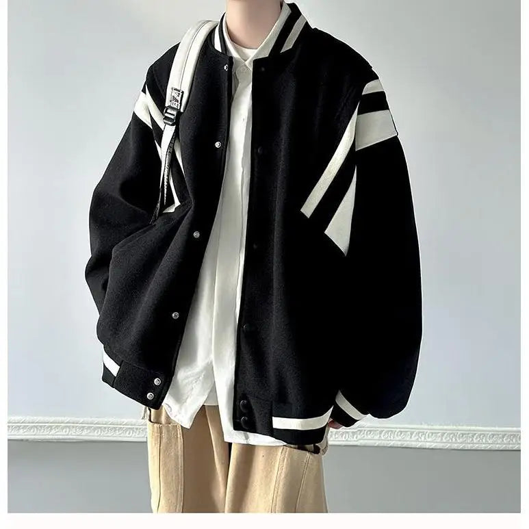 Threebooy  Preppy Coat American Retro Contrasting Baseball Uniform Jacket Men's Autumn Winter Style Trendy Niche High-end O-neck Jacket