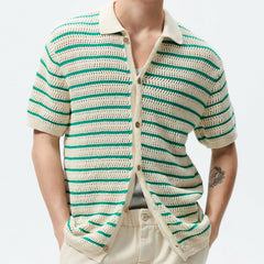 Threebooy Mens Contrast Color Striped Casual Hollow Knitted Polo Shirt Genderless 2024 Summer Fashion Streetwear Breathable Shirt Unisex