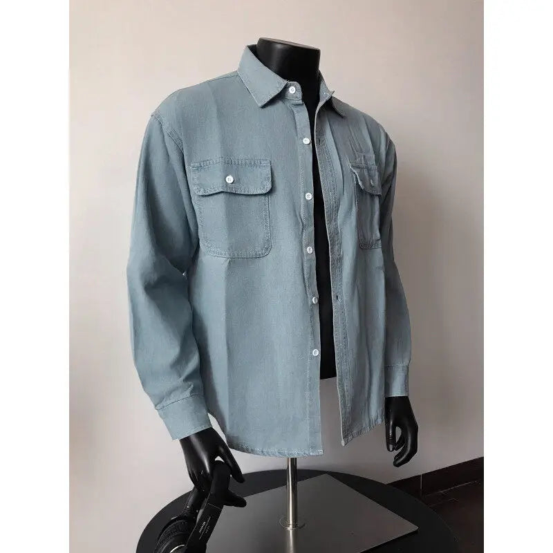 Threebooy Men Long Sleeve Denim Shirt Spring Casual Workwear Stylish Stretch Cotton Comfort Fit Chest Pocket Outdoor Daily Wear Trendy Men