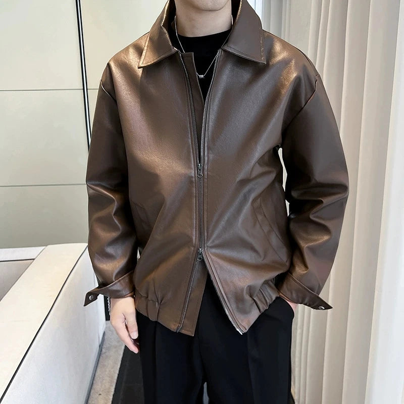 Threebooy  New Autumn Men's Casual Textured PU Leather Jacket High Street Zip-up Turn-down Collar Solid Color Long Sleeve Retro Coats M-3XL